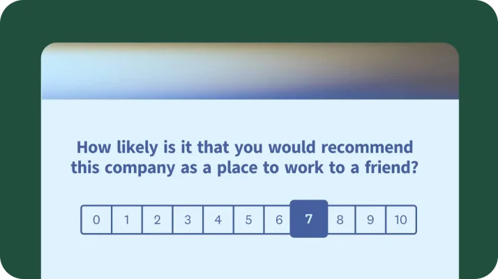 Employee Net Promoter Score (eNPS) survey template showing a 0 to 10 scale rating question for recommending the company as a workplace.