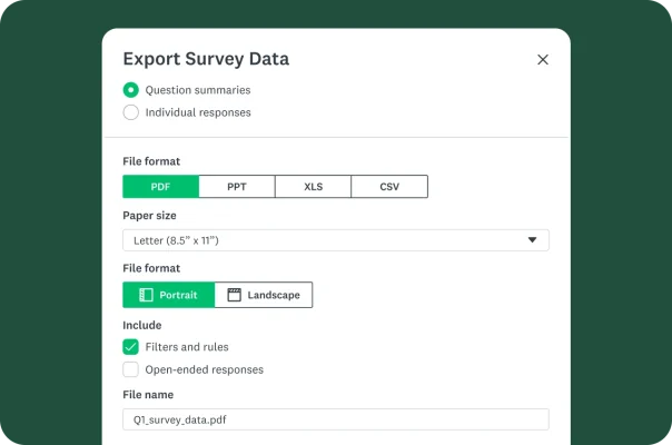 Export survey data functionality, showing features such as file formation options and what to include