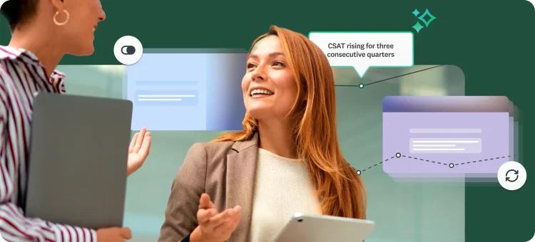 Illustrated diagram showing connected survey cards with an engagement insight callout — SurveyMonkey Programs dashboard
