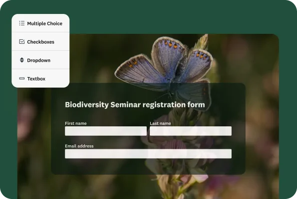 A "Biodiversity Seminar registration form" with fields for name and email address. A menu shows different question types: "Multiple Choice," "Checkboxes," "Dropdown," and "Textbox."