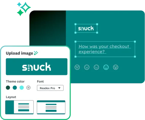 A survey editing screen showing the customization process for a snuck checkout experience survey, including theme color and layout options.