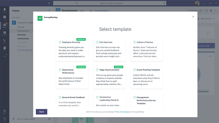 Survey example selecting template within Teams