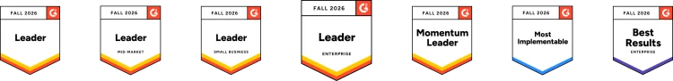 G2 Leader badges for Fall 2026 across overall, small business, enterprise, and mid-market categories with a 5-star rating
