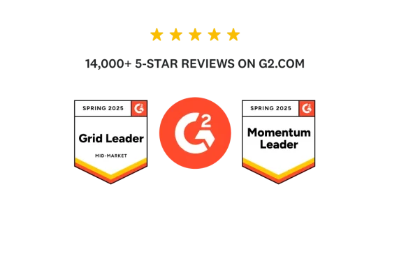 Two G2 award badges for Spring 2025: Grid Leader and Momentum Leader.
