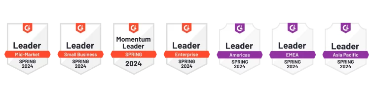 7 different G2 badges showing SurveyMonkey as leader in various categories, including Small Business and Mid-Market leader for Spring 2024