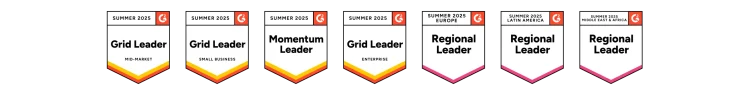 A horizontal display of seven G2 award badges for Summer 2025. They include "Grid Leader" for Mid-Market, Small Business, and Enterprise, a "Momentum Leader" badge, and "Regional Leader" badges for Europe, Latin America, and Middle East & Africa.
