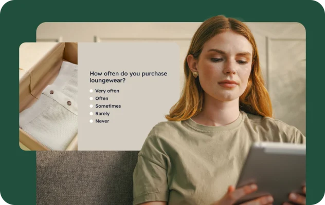 woman looking at her tablet with a survey image in the background