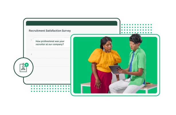 Two people looking at a tablet screen together, next to screenshot of SurveyMonkey recruitment satisfaction survey