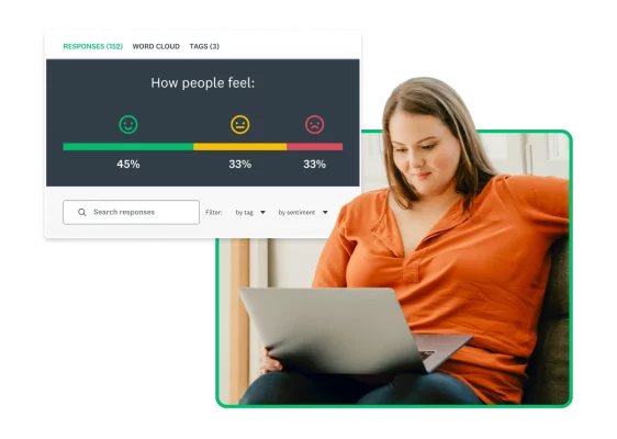 Woman sitting and looking at laptop screen next to screenshot of SurveyMonkey sentiment analysis results