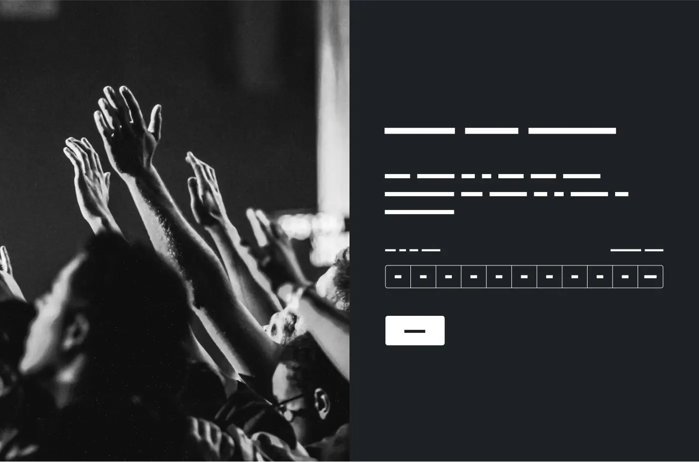 Black and white photo of a crowd with everyone's hands raised upward, next to survey question