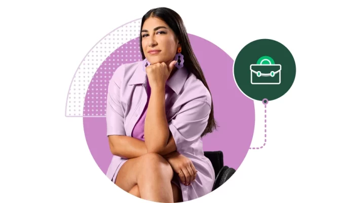 Sitting woman leaning chin against her first next to briefcase icon