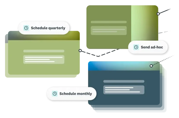 Lines connecting surveys, with options to schedule quarterly or monthly, or send ad-hoc
