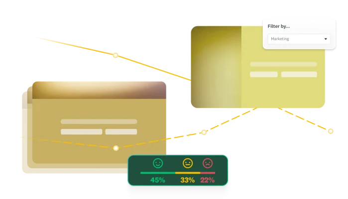 Lines connecting various surveys, with a filter by option, and a graph showing satisfied vs unhappy users