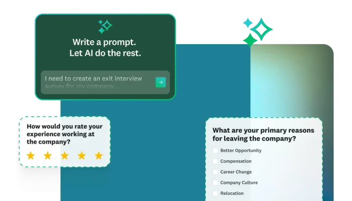 Various modals showing survey questions, and ability to use AI to write a prompt and get a survey generated