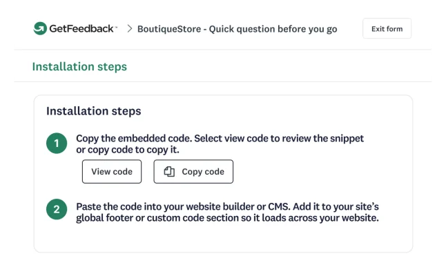 GetFeedback installation steps dashboard showing how to copy and paste the embedded feedback widget code into a website builder or CMS