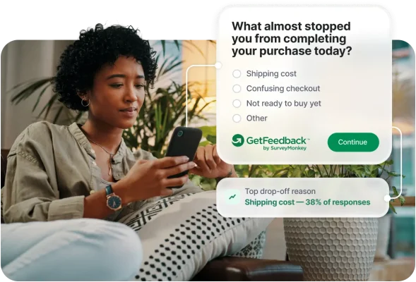 Woman using a smartphone next to a GetFeedback by SurveyMonkey checkout survey overlay displaying top drop-off reasons