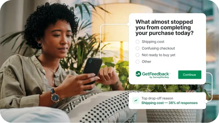 GetFeedback customer feedback pop-up overlay asking why a user hesitated to purchase, showing shipping costs as a top drop-off reason.
