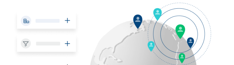 A grey world globe with colored points indicating user locations