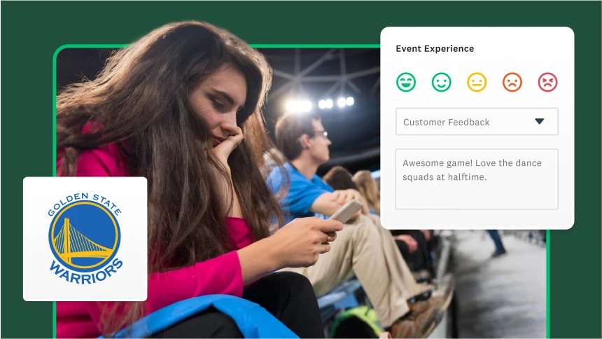 Woman at sporting event looking at phone next to logo of Golden State Warriors and screenshot of event experience survey