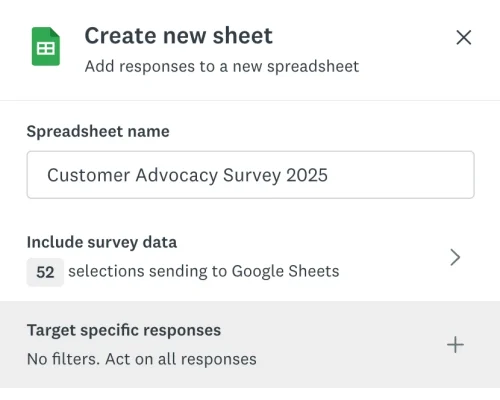 Screenshot of creation of a new Google sheet through the SurveyMonkey Connect feature, where you can include selected survey data and target specific responses