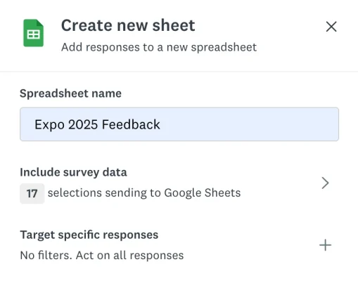 Screenshot of creation of a new Google sheet through the SurveyMonkey Connect feature, where you can include selected survey data and target specific responses