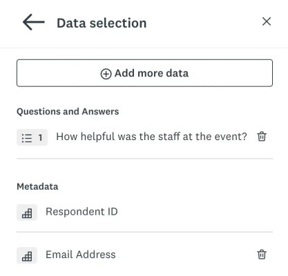 Screenshot of data selection feature, where you can choose the metadata for the questions and answers to include in your Google sheet, such as respondent ID and email address