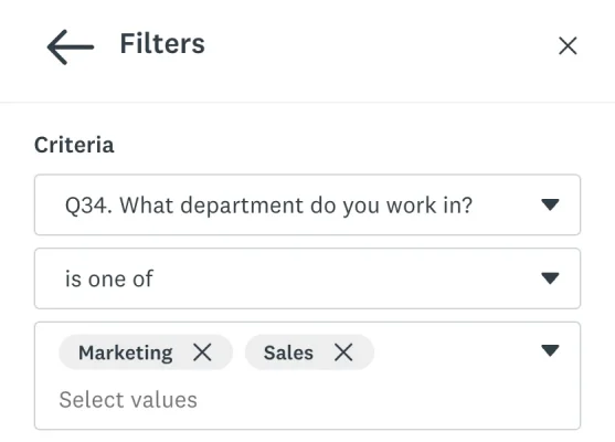 Screenshot of filter options, where you can add a filter to survey responses