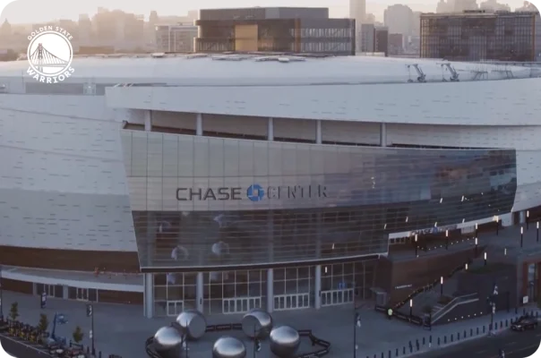 An aerial view of the Chase Center in San Francisco, home of the Golden State Warriors.