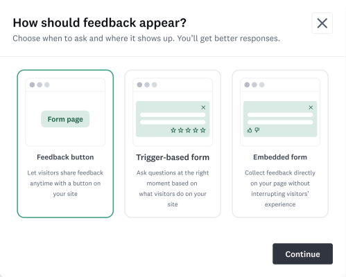 GetFeedback user interface displaying website feedback widget placement options, including feedback button, trigger-based form, and embedded form styles