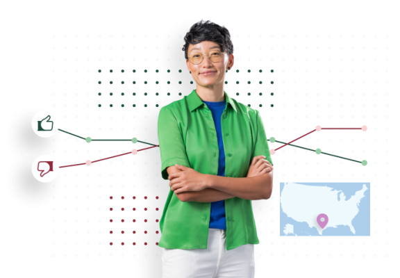 Person standing with hands crossed, with a map of the US and a thumbs-up and thumbs-down icon behind them