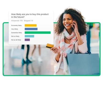 woman holding cell phone with floating survey in background