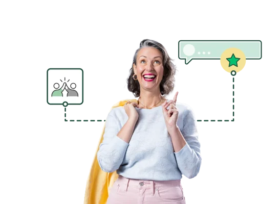 Happy woman with two thought bubbles