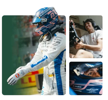 Alex Albon wearing helmet and race suit, and photo of him in casual clothes turning a steering wheel