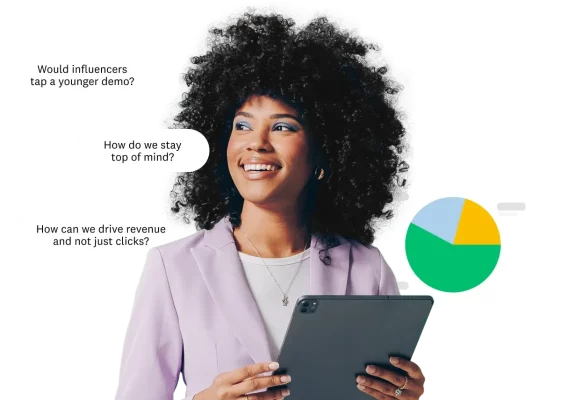 Woman holding tablet next to pie chart, with chat bubbles around her saying "How do we stay top of mind?" and "How can we drive revenue and not just clicks?"