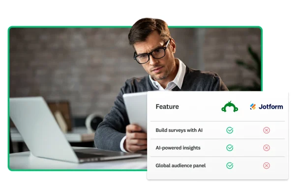 Man sitting and looking at tablet screen, next to comparison table showing features that SurveyMonkey has over Jotform, including AI powered insights and a global audience panel