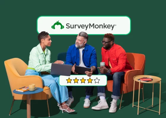 Three people sitting around a table talking next to SurveyMonkey logo and 4 stars