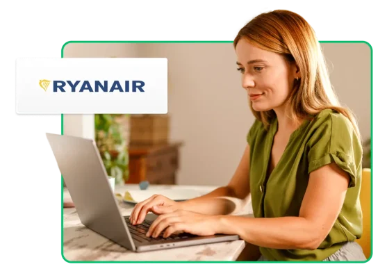 Kannettavalla kirjoittavan naisen vieressä on Ryanair-logo