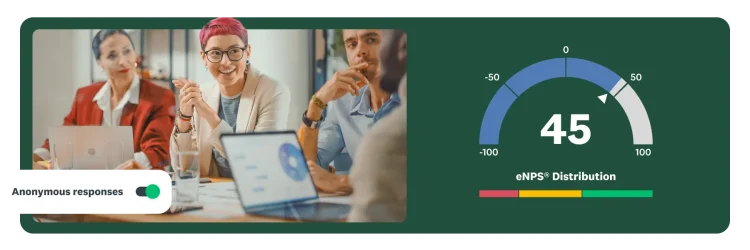 three people sitting at desk with enps score graphic