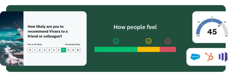 Survey question asking how likely are you to recommend Vivara to a friend or colleague, next to a bar chart showing how people feel, and an NPS score of 45