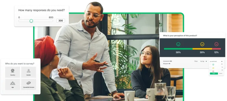 People sitting around a table talking, with screenshot of SurveyMonkey survey response results