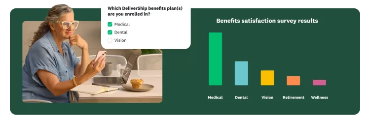 A woman looks at her phone. An overlay shows a survey question asking which benefits a person is enrolled in. To the right is a bar chart showing "Benefits satisfaction survey results" for "Medical," "Dental," "Vision," "Retirement," and "Wellness."
