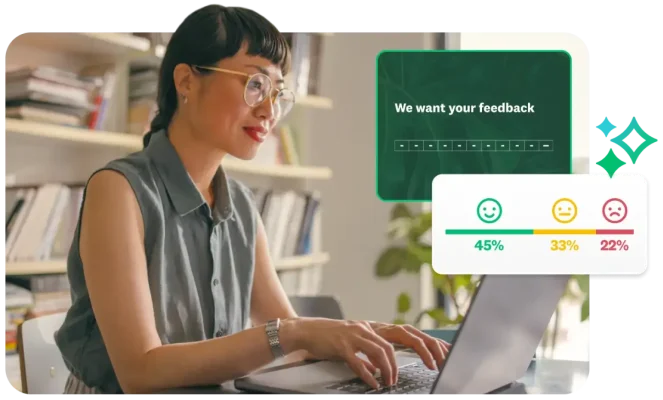 Woman typing on laptop, next to screenshot of survey question asking for feedback and a scale showing 1-10, along with emojis indicating positive, neutral, and negative responses