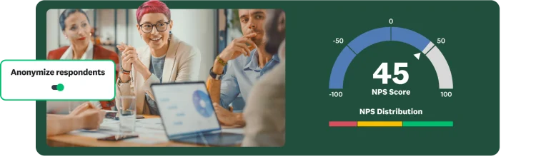 A business meeting with a diverse group of people, an option to anonymize respondents, and an NPS score of 45.