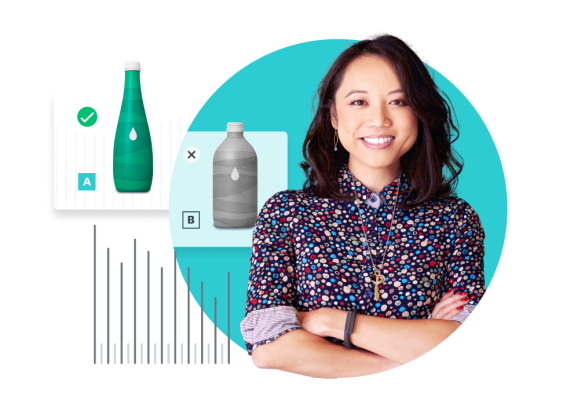 Woman smiling with arms crossed and image of two drinking bottles, one has a checkmark next to it and one has an X
