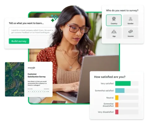 Woman typing on laptop, next to screenshots of various functions within SurveyMonkey, including survey templates, AI-generated surveys, survey results, and Audience Panel demographic selection