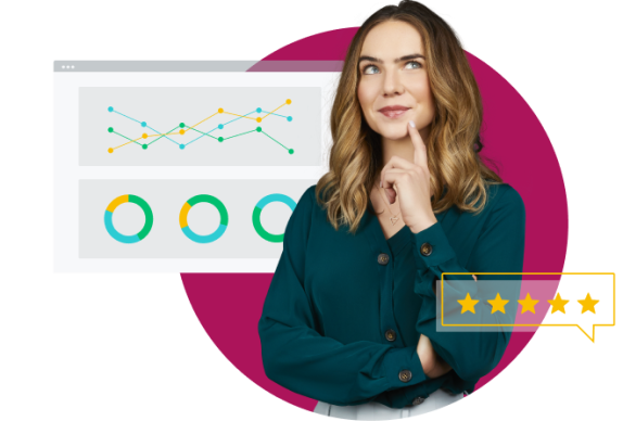 Donna dall'aria perplessa che si tocca il mento con un dito e una schermata con grafici alle sue spalle