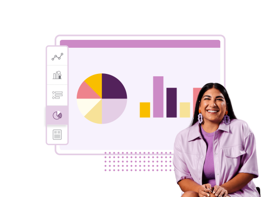 Frau sitzt und lächelt, hinter ihr ein Screenshot der Analyseseite von SurveyMonkey mit Balken- und Kreisdiagrammen