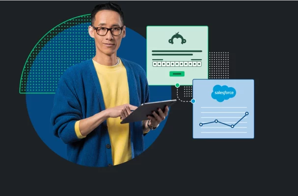 Personne avec en incrustation des captures d’écran de SurveyMonkey et de Salesforce