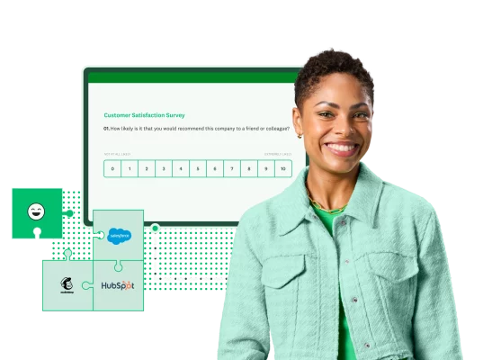 Smiling woman with screenshot of SurveyMonkey survey template behind her