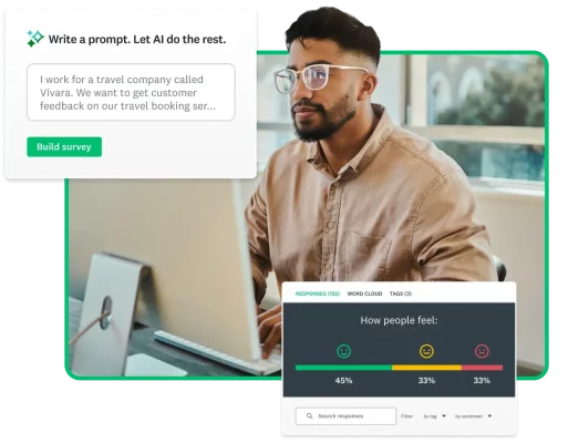 Man working on computer next to screenshots of SurveyMonkey Genius